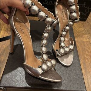 Alaïa Metallic Silver Beaded Stiletto Sandals